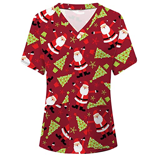 STPT Weihnachten Schlupfhemd Bluse Kurzarm V-Neck Kasack Damen Pflege mit Karikatur Motiv und Taschen Uniform Berufsbekleidung Krankenschwester Kleidung Schlupfkasack Uniformen von STPT