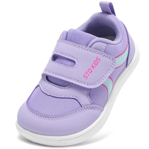STQ KIDS Breite Sneaker Mädchen rutschfest Kinder Barfußschuhe Leicht Tunrschuhe Weich Kleinkind Hausschuhe für Kindergarten Flexibel Kinderschuhe mit Klettverschluss Helllila 26 EU / T9 von STQ KIDS