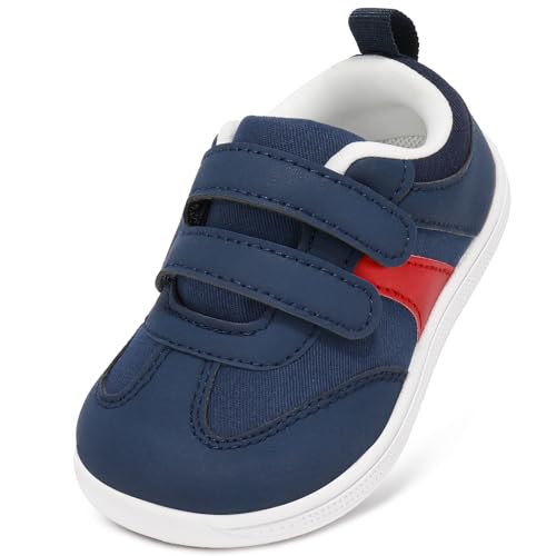 STQ KIDS Kinder Barfußschuhe Breite Kinder Schuhe Jungen Sneakers rutschfeste Lauflernschuhe Kleinkind Leichte Weiche Walking Kinderschuhe Minimalist Dunkelblau Weiß 27 EU von STQ KIDS