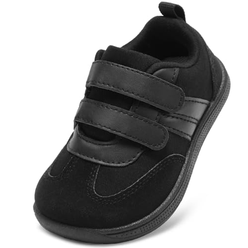 STQ KIDS Jungen Schuhe Breiter Zehenraum Kleinkinder Lauflernschuhe rutschfeste Kinder Sneakers Weiche Leicht mit Haken- und Schlaufenband Ganz Schwarz 24 EU Weit von STQ KIDS