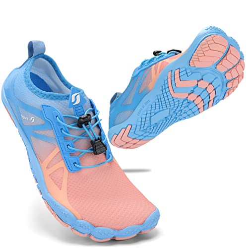 STQ Badeschuhe Damen Wasserschuhe Schnell Trocken Surfschuhe Bequem Atmungsakitv Surfschuhe Slip on Barfusschuhe Auqaschuhe für Outdoor Wassersport Blau Rosa 36 EU von STQ