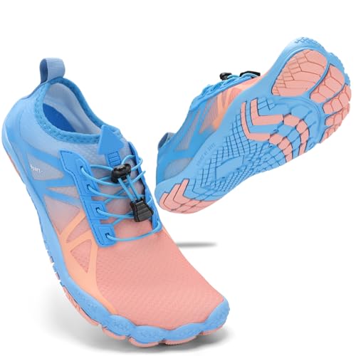 STQ Badeschuhe Damen Wasserschuhe Schnell Trocken Surfschuhe Bequem Atmungsakitv Surfschuhe Slip on Barfusschuhe Auqaschuhe für Outdoor Wassersport Blau Rosa 42 EU von STQ