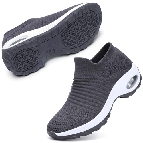 STQ Damen Schuhe Slip On Sneakers Bequem Mesh Fitness Turnschuhe Plattform Leichte Outdoor Walking Schuhe Dunkel Grau 43 EU von STQ