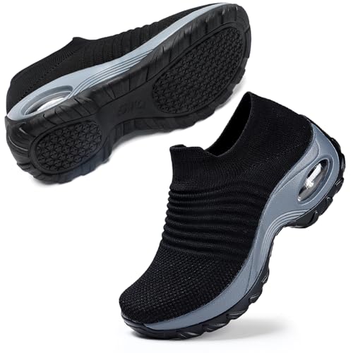 STQ Damen Schuhe Slip On Sneakers Freizeit Atmungsaktive Fitness Turnschuhe Plattform Leichte Outdoor Walking Schuhe Schwarz 41 EU von STQ