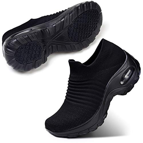 STQ Damen Schuhe Slip On Sneakers Freizeit Atmungsaktive Fitness Turnschuhe Plattform Air Leichte Outdoor Walking Schuhe(All Schwarz36) von STQ