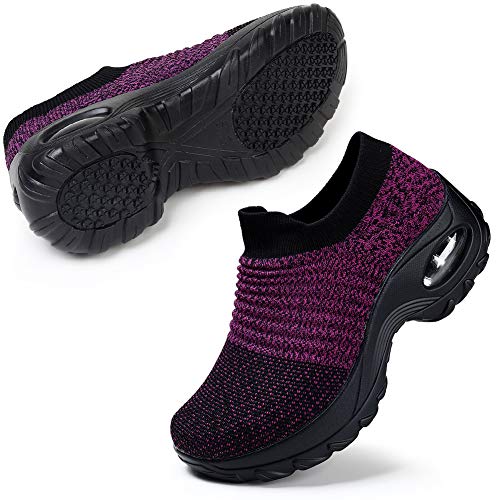 STQ Damen Slip On Outdoor Walking Schuhe Air Leichte Höhe Erhöhen Mesh Sneakers Turnschuhe Sportschuhe Freizeitschuhe Laufschuhe Bequem Sneakers(Schwarz Lila35) von STQ