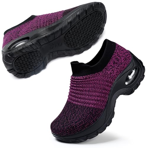 STQ Damen Slip On Walking Schuhe Leichte Höhe Erhöhen Mesh Sneakers Turnschuhe Sportschuhe Freizeitschuhe Bequem Sneakers Schwarz Lila 40.5 EU von STQ