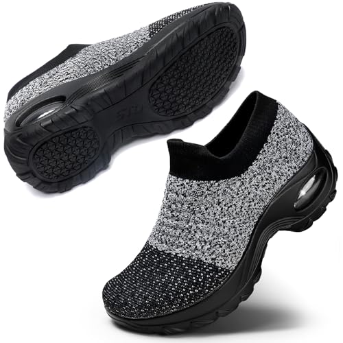 STQ Damen Slip On Outdoor Walking Schuhe Leichte Mesh Sneakers Turnschuhe Sportschuhe Freizeitschuhe Bequem Sneakers Grau Schwarz 40 EU von STQ