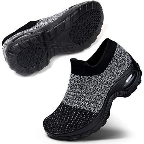 STQ Damen Slip On Outdoor Walking Schuhe Air Leichte Mesh Sneakers Turnschuhe Sportschuhe Freizeitschuhe Laufschuhe Bequem Sneakers(Gery Schwarz40.5) von STQ