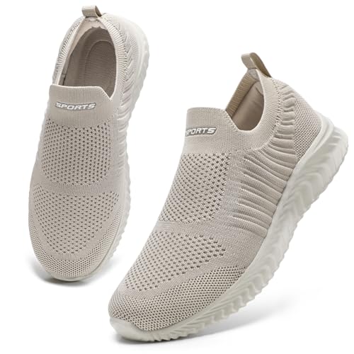 STQ Sneaker Damen Bequeme Turnschuhe Komfort Slip on Sneakers Sommer Schuhe Mesh Schlupfschuhe Taupe 36 EU von STQ