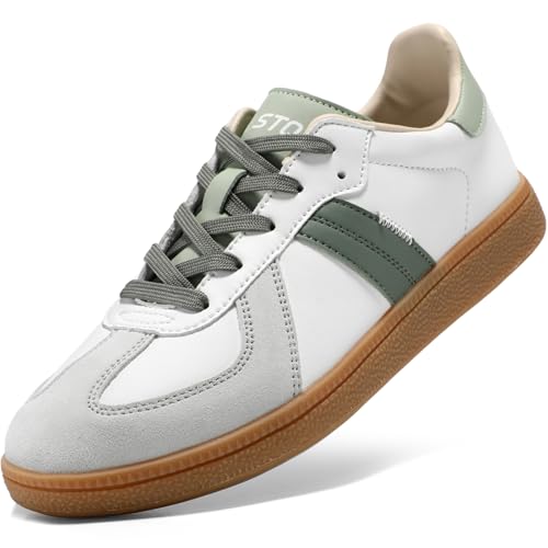 STQ Sportschuhe Damen Sneaker Low Freizeitschuhe Soft Skater Turnschuhe Schnürung Orthopädische Komfortschuhe Diabetiker Flach Trainers Leichte Trainers Lightweight Weiß Grün 38 EU / 7 US von STQ