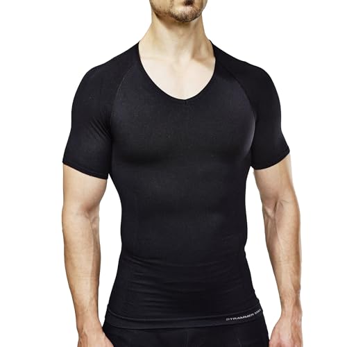Strammer Max Compression T-Shirt | Herren | Deep V-Neck Ausschnitt | Kompressionsshirt | Shapewear, unterstützt die Haltung (DE/NL/SE/PL, Alphanumerisch, M, L, Regular, Regular, Schwarz) von Strammer Max - Men's Shapewear
