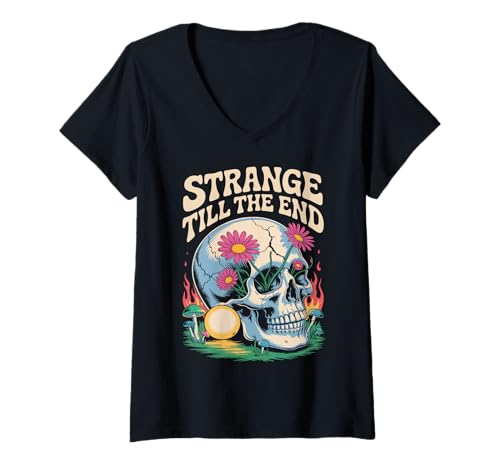 Damen Strange Till The END X Weird Weirdo Skelett Blumen Schädel T-Shirt mit V-Ausschnitt Damen Strange Till The END X Weird Weirdo Skelett Blumen Schädel T-Shirt mit V-Ausschnitt von STRANGE TILL THE END - Cooles Skelett Schädel