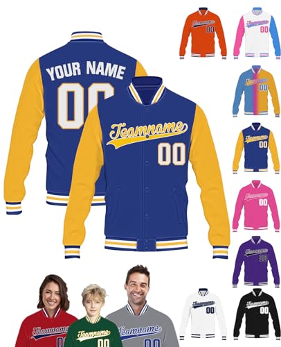 STREADVE Blau Gelb College Jacke mit Namen Buchstaben Nummer Logo für Herren Damen Kinder Personalisiert Bomberjacke Teenager Baseball Jacke von STREADVE