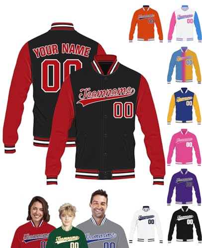 STREADVE College Jacke mit Namen Buchstaben Nummer Logo für Herren Damen Kinder Personalisiert Bomberjacke Teenager Baseball Jacke, Rot Schwarz von STREADVE