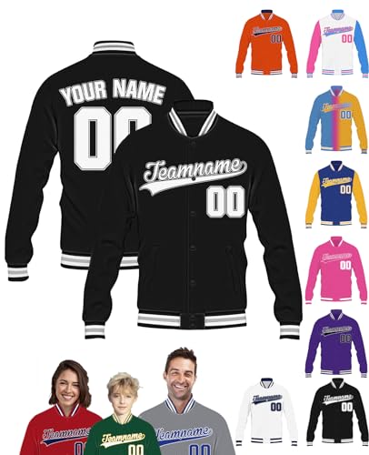 STREADVE Schwarz College Jacke mit Namen Buchstaben Nummer Logo für Herren Damen Kinder Personalisiert Bomberjacke Teenager Baseball Jacke von STREADVE