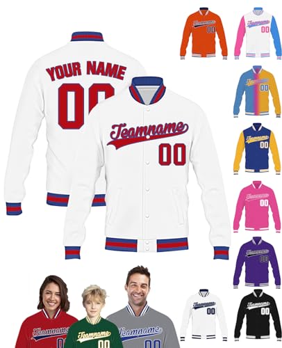 STREADVE Weiß College Jacke mit Namen Buchstaben Nummer Logo für Herren Damen Kinder Personalisiert Bomberjacke Teenager Baseball Jacke, Rot von STREADVE