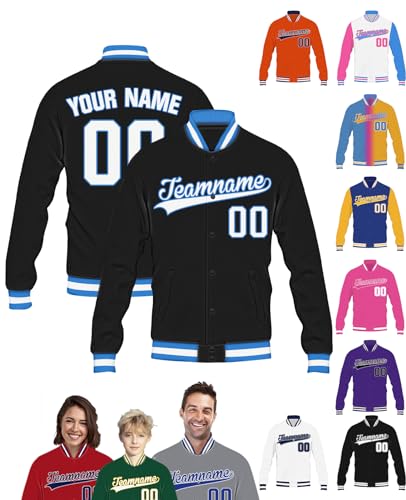 Schwarz College Jacke mit Namen Buchstaben Nummer Logo für Herren Damen Kinder Personalisiert Bomberjacke Teenager Baseball Jacke, Blau von STREADVE