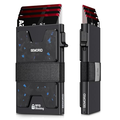 STREAMVOY Schlanke RFID-blockierende Geldbörse für Herren – Pop-Up-Kartenhalter mit 12 Karten Kapazität | Metallplatte & Gummiband | Ultradünnes minimalistisches Design (3,9 x 2,7 x 0,6), schwarz/blau von STREAMVOY