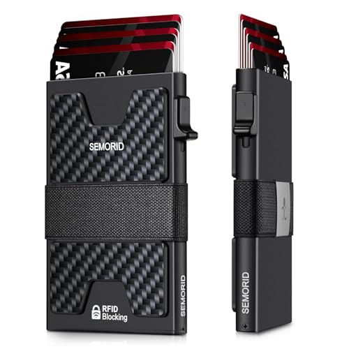 STREAMVOY Schlanke RFID-blockierende Geldbörse für Herren – Pop-Up-Kartenhalter mit 12 Karten Kapazität | Metallplatte & Gummiband | Ultradünnes minimalistisches Design (3,9 x 2,7 x 0,6), Carbon + von STREAMVOY