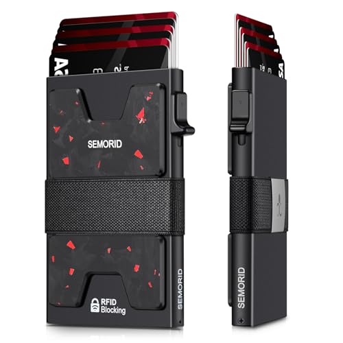 STREAMVOY Schlanke RFID-blockierende Geldbörse für Herren – Pop-Up-Kartenhalter mit 12 Karten Kapazität | Metallplatte & Gummiband | Ultradünnes minimalistisches Design (3,9 x 2,7 x 0,6), schwarz/rot von STREAMVOY