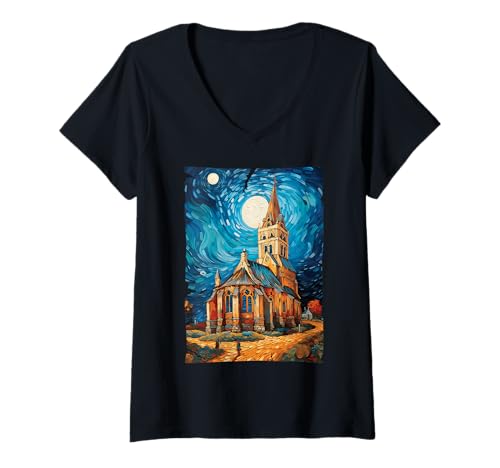 Damen Sternennacht Van Gogh Künstlerische Kirche T-Shirt mit V-Ausschnitt von STRN outfits