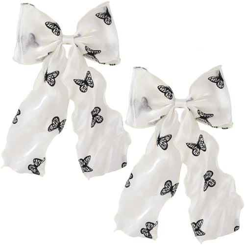 STSTR Große Haarschleifen-Clips, Seidengarn, Schleife, Haarspange für Frauen, elegante lange Schwanz, Schleife, französisches Haar-Accessoire für Hochzeit, Partys, Festivals (weiße Schleife, schwarzer von STSTR