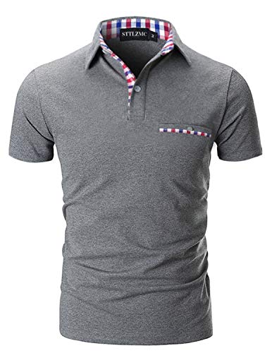 STTLZMC Poloshirt Herren Kurzarm Basic T-Shirt Freizeit Plaid spleißen Polohemd,Grau 1,M von STTLZMC