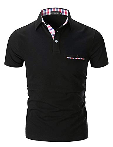 STTLZMC Poloshirt Herren Kurzarm Basic T-Shirt Freizeit Plaid spleißen Polohemd,Schwarz,XXL von STTLZMC