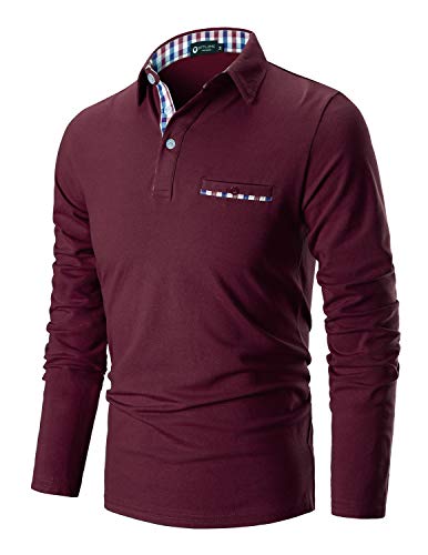 STTLZMC Poloshirt Herren Langarm Basic T-Shirt Freizeit Plaid spleißen Polohemd,Rot,XL von STTLZMC