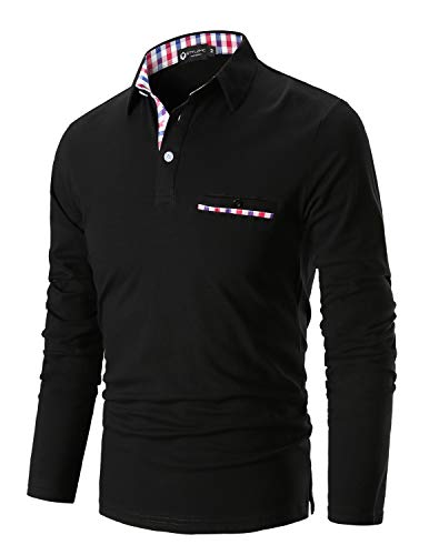 STTLZMC Poloshirt Herren Langarm Basic T-Shirt Freizeit Plaid spleißen Polohemd,Schwarz,L von STTLZMC