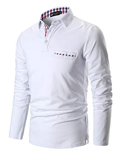 STTLZMC Poloshirt Herren Langarm Basic T-Shirt Freizeit Plaid spleißen Polohemd,Weiß,M von STTLZMC