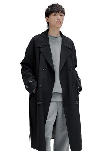 STUDIO NANS Übergroßer langer Herren-Trenchcoat mit zweireihigem Revers, winddichter Mantel mit Gürtel, Schwarz, L von STUDIO NANS