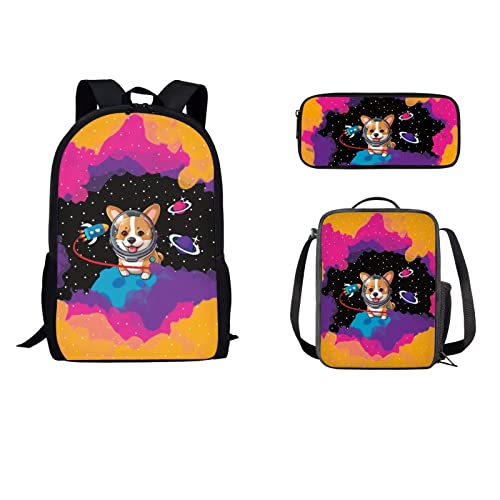 STUOARTE 3 Stück Kinder Rucksack Cartoon Corgi Astronaut Daypack Jungen 3 in 1 Vorschule Grundschule Grundschule Cartoon Niedlich Planet Schultasche mit Umhängetasche und Federmäppchen von STUOARTE