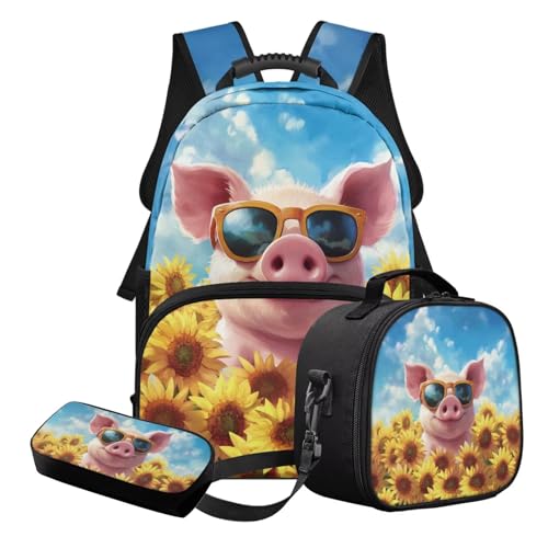 STUOARTE 3-in-1 Kinder-Schulranzen-Set für Teenager, Mädchen, leichtes Schulrucksack-Set mit Federmäppchen und Lunchbox, Blau und Gelb – Schwein-Sonnenblume, Schulranzen-Set von STUOARTE