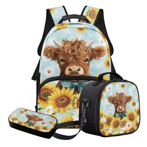 STUOARTE 3-in-1 Kinder-Schulranzen-Set für Teenager, Mädchen, leichtes Schulrucksack-Set mit Federmäppchen und Lunchbox, Braun und Blau – Hochlandrinder-Sonnenblume, Schulranzen-Set von STUOARTE