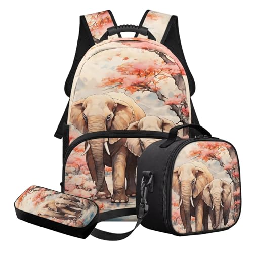STUOARTE 3-in-1 Kinder-Schulranzen-Set für Teenager, Mädchen, leichtes Schulrucksack-Set mit Federmäppchen und Lunchbox, Braun und Rosa – Elefantenblume, Schulranzen-Set von STUOARTE