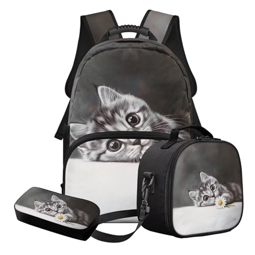 STUOARTE 3-in-1 Kinder-Schulranzen-Set für Teenager, Mädchen, leichtes Schulrucksack-Set mit Federmäppchen und Lunchbox, Grau und Weiß – Katze, Schulranzen-Set von STUOARTE