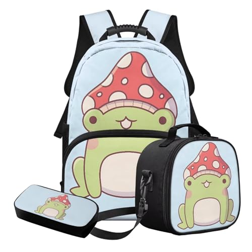 STUOARTE 3-in-1 Kinder-Schulranzen-Set für Teenager, Mädchen, leichtes Schulrucksack-Set mit Federmäppchen und Lunchbox, Grün und Blau – Froschpilz, Schulranzen-Set von STUOARTE