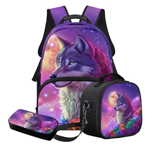 STUOARTE 3-in-1 Kinder-Schulranzen-Set für Teenager, Mädchen, leichtes Schulrucksack-Set mit Federmäppchen und Lunchbox, Rosa und Violett – Wolfsblume, Schulranzen-Set von STUOARTE