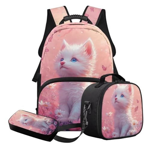 STUOARTE 3-in-1 Kinder-Schulranzen-Set für Teenager, Mädchen, leichtes Schulrucksack-Set mit Federmäppchen und Lunchbox, Rosa und Weiß – Katzen-Gänseblümchen, Schulranzen-Set von STUOARTE