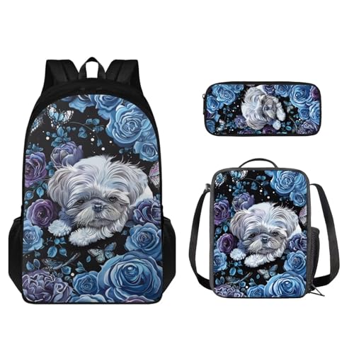 STUOARTE 3-in-1-Rucksack-Set, 43,2 cm, Kinder-Büchertaschen-Set mit Federmäppchen, leichtem Rucksack und Lunchbox-Set für Jungen und Mädchen, Shih Tzu Rose Butterfly - Blau und Schwarz, Einheitsgröße, von STUOARTE