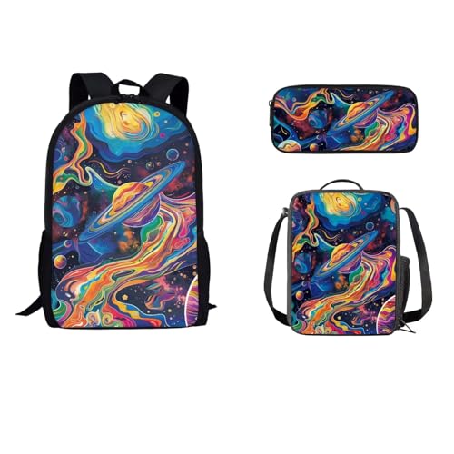 STUOARTE 3-in-1-Rucksack-Set für Kinder und Teenager, großes Schultaschen-Set mit Lunchtasche, Federmäppchen, Jungen, Mädchen, Schüler, Büchertasche, Galaxy Planet - Mehrfarbig, Einheitsgröße, von STUOARTE