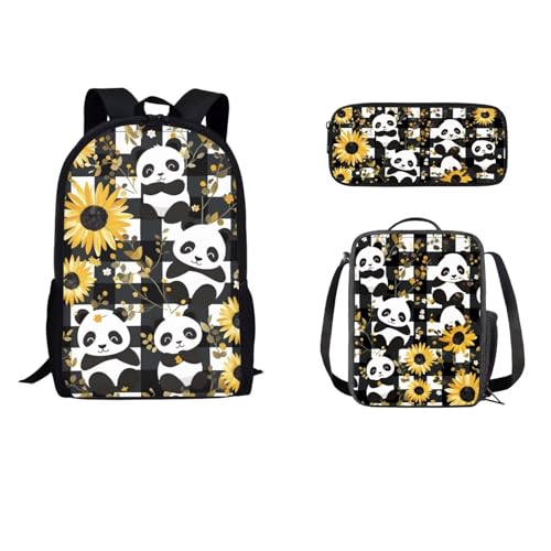 STUOARTE 3-in-1-Rucksack-Set für Kinder und Teenager, großes Schultaschen-Set mit Lunchtasche, Federmäppchen, Jungen, Mädchen, Schüler, Büchertasche, Panda Daisy - Weiß und Schwarz, Einheitsgröße, von STUOARTE