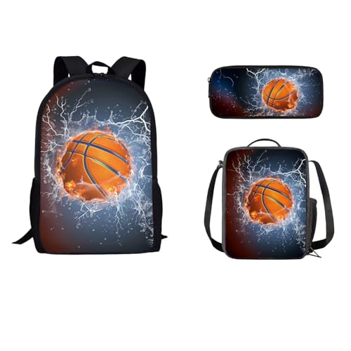 STUOARTE 3-in-1-Rucksack-Set für Kinder und Teenager, großes Schultaschen-Set mit Lunchtasche, Federmäppchen, Jungen, Mädchen, Schüler, Büchertasche, Wasser-Lightning-Basketball, Blau und Orange, von STUOARTE