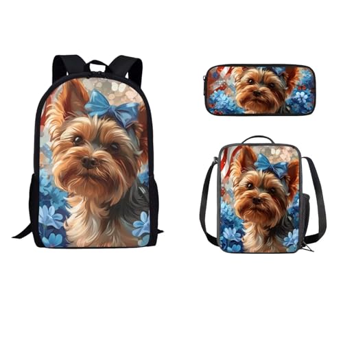 STUOARTE 3-in-1-Rucksack-Set für Kinder und Teenager, großes Schultaschen-Set mit Lunchtasche, Federmäppchen, Jungen, Mädchen, Schüler, Büchertasche, Yorkshire Terrier Blume, Braun und Blau, von STUOARTE