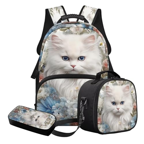 STUOARTE 3-in-1-Schulranzen-Set für Teenager, Mädchen, leichtes Schulrucksack-Set mit Federmäppchen und Lunchbox, Weiß – Katzenblume, Schulranzen-Set von STUOARTE