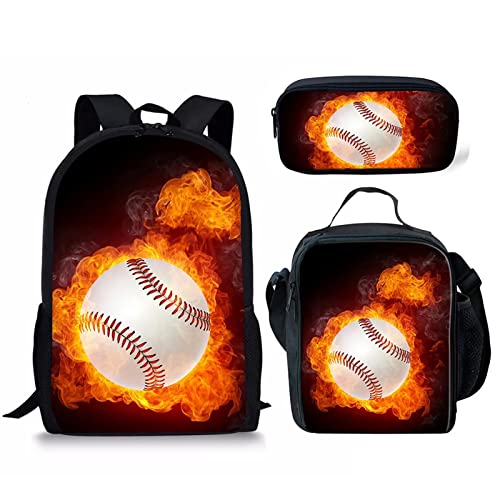 STUOARTE 3-teiliger Rucksack für Kinder, Teenager, Jungen, 43,2 cm, 3D-Feuer, Softball, Schultasche, Kinder, leichte Büchertasche für Grundschulschüler, kleine Kinder, Schulrucksäcke mit Lunchbox und von STUOARTE