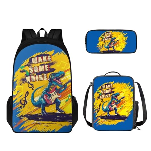 STUOARTE 3-teiliges Kinder-Rucksack-Set, Rucksack und Lunchbox-Set, Schüler-Büchertasche mit Stiftebox, Dinosaurier-Gitarre, Gelb und Blau, Einheitsgröße, Schulranzen-Set von STUOARTE