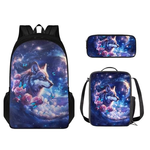 STUOARTE 3-teiliges Kinder-Rucksack-Set, Rucksack und Lunchbox-Set, Schüler-Büchertasche mit Stiftebox, Galaxie, Wolf, Blume, Schmetterling, Blau, Einheitsgröße, Schulranzen-Set von STUOARTE